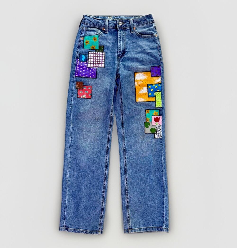 Y2K No Boundaries Jeans SIZE 2 Patchwork Art Teacher Festival Straight Leg